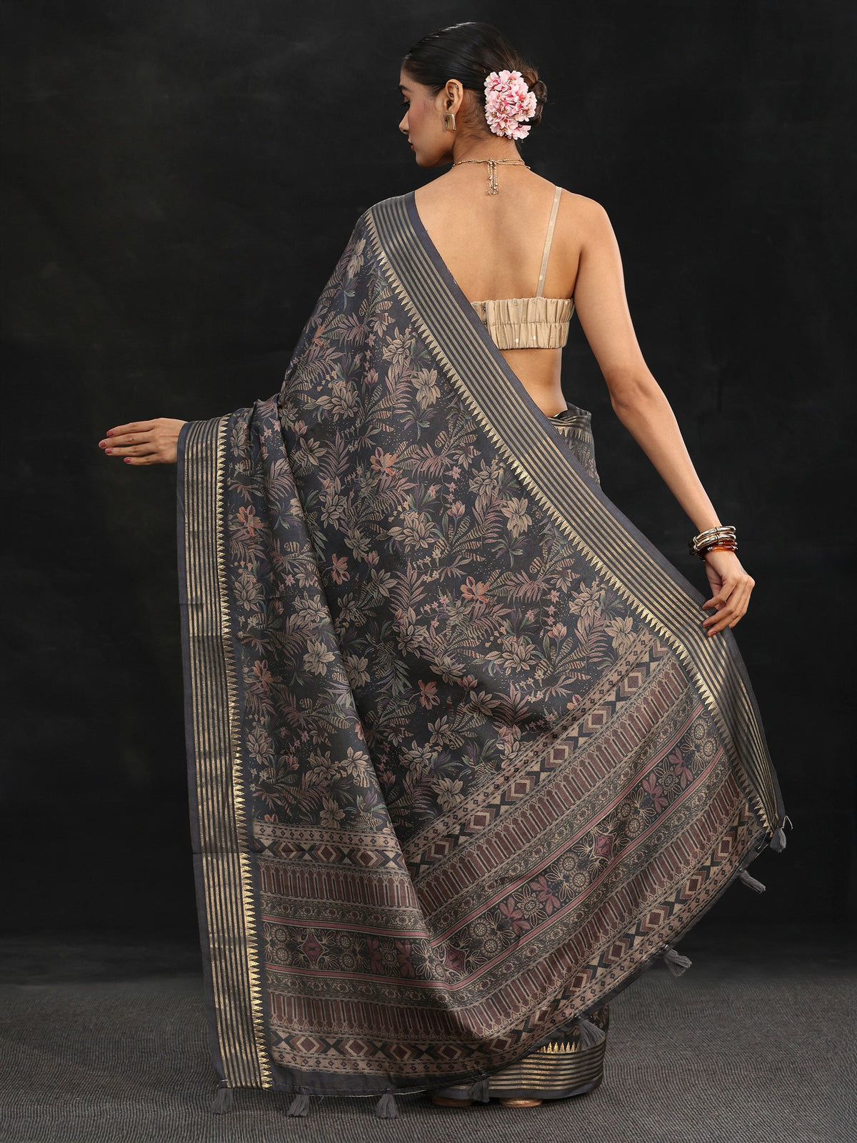 Midnight Blue Floral Woven Design Silk Blend Saree