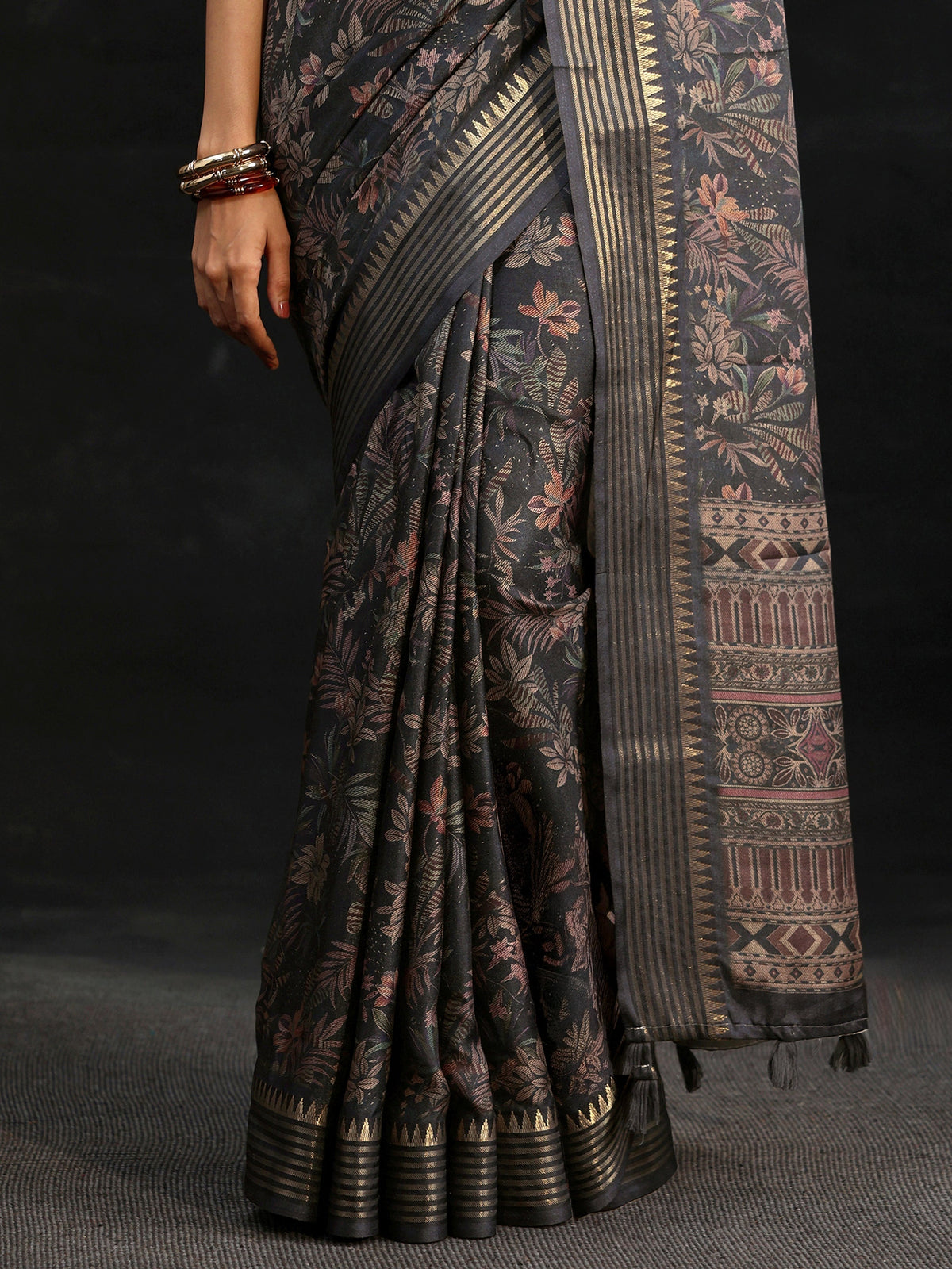 Midnight Blue Floral Woven Design Silk Blend Saree