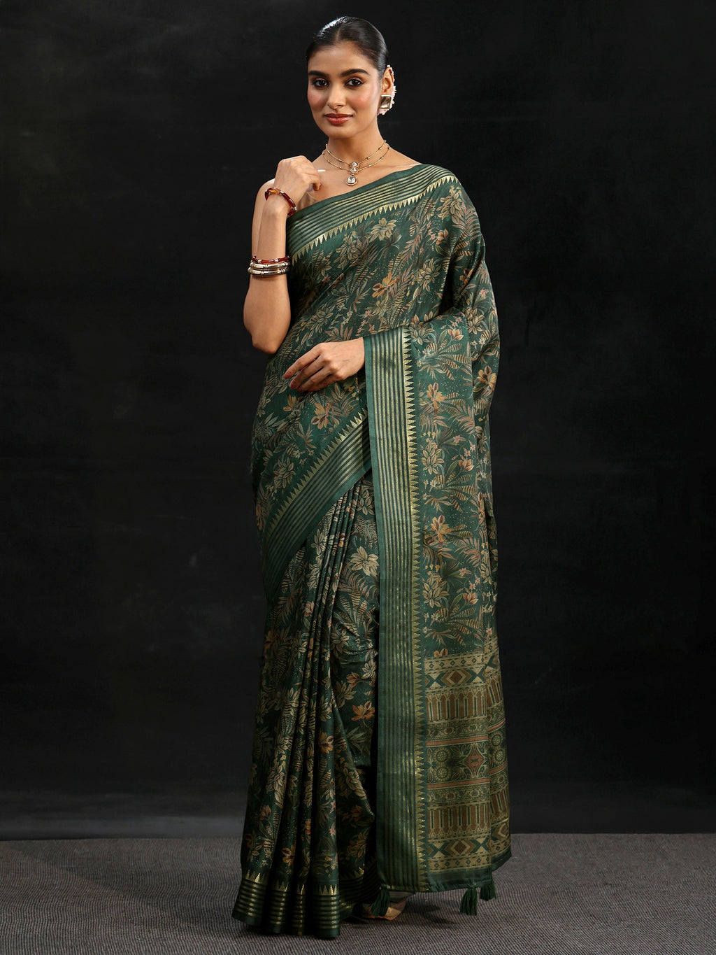 Green Floral Woven Design Silk Blend Saree