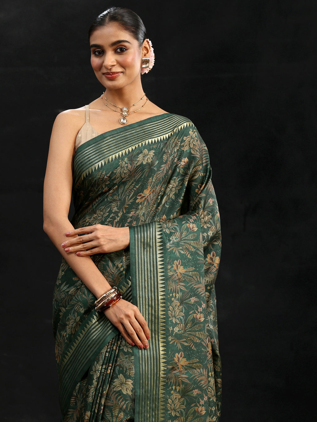 Green Floral Woven Design Silk Blend Saree