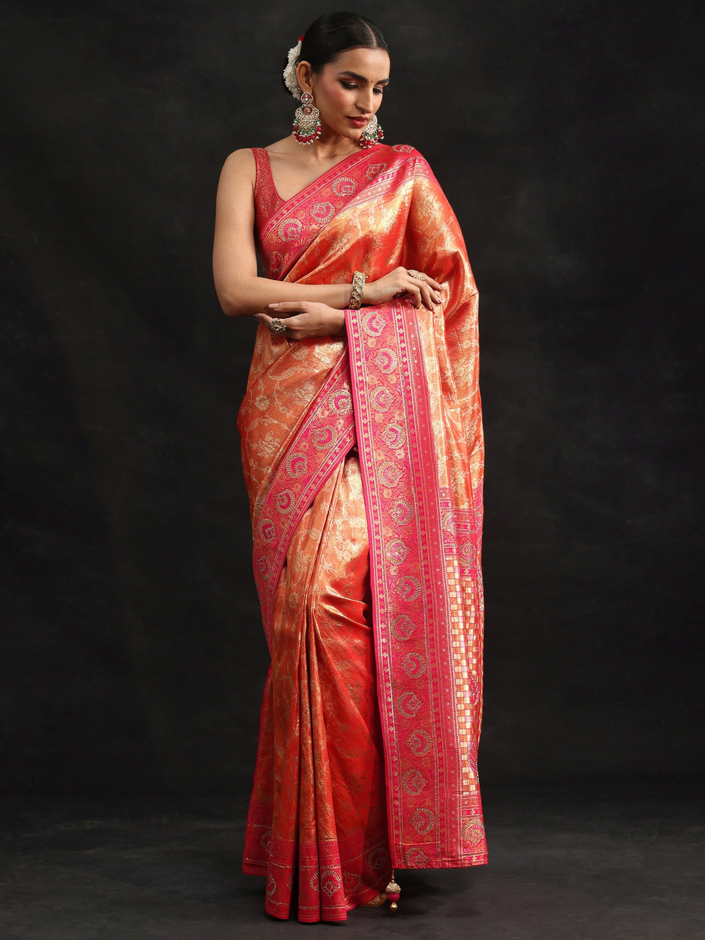 Orange Woven Design Silk Blend Saree with Embellished Border