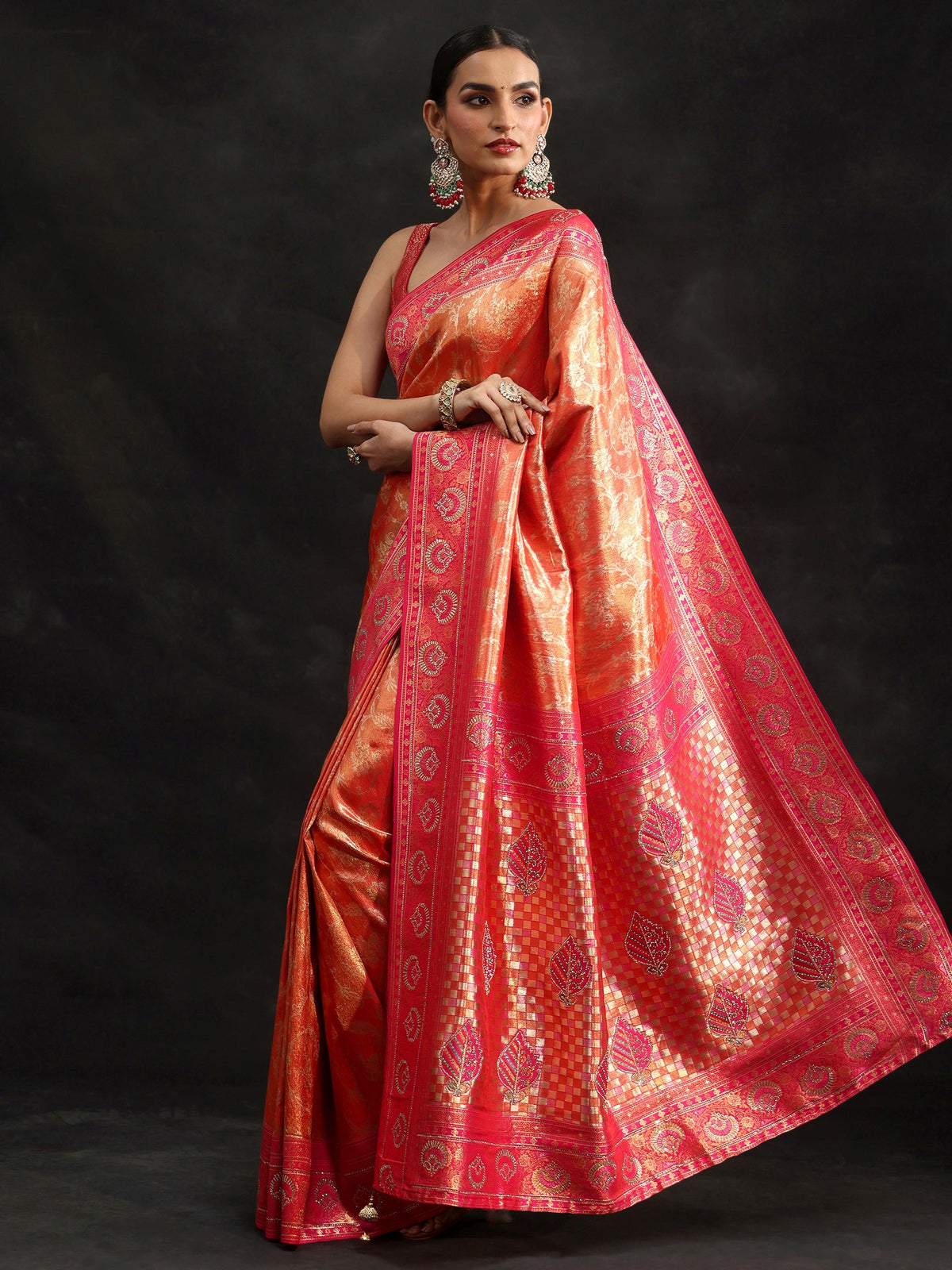 Orange Woven Design Silk Blend Saree with Embellished Border