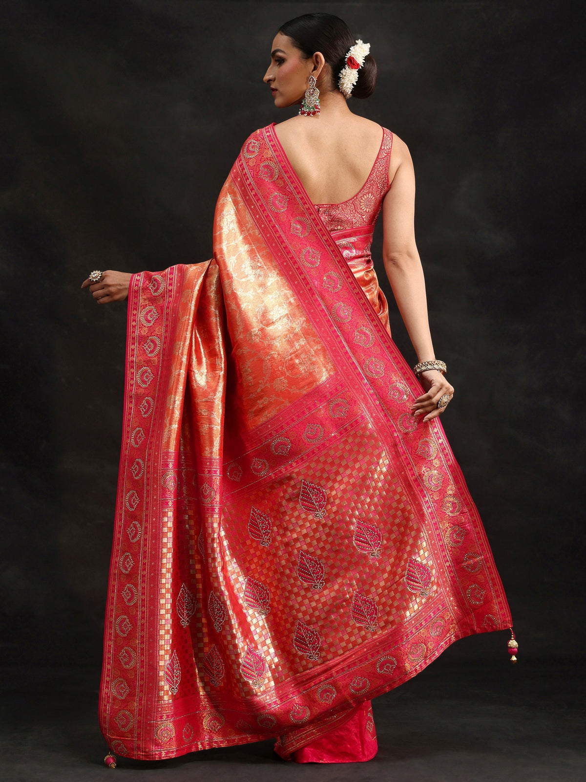 Orange Woven Design Silk Blend Saree with Embellished Border