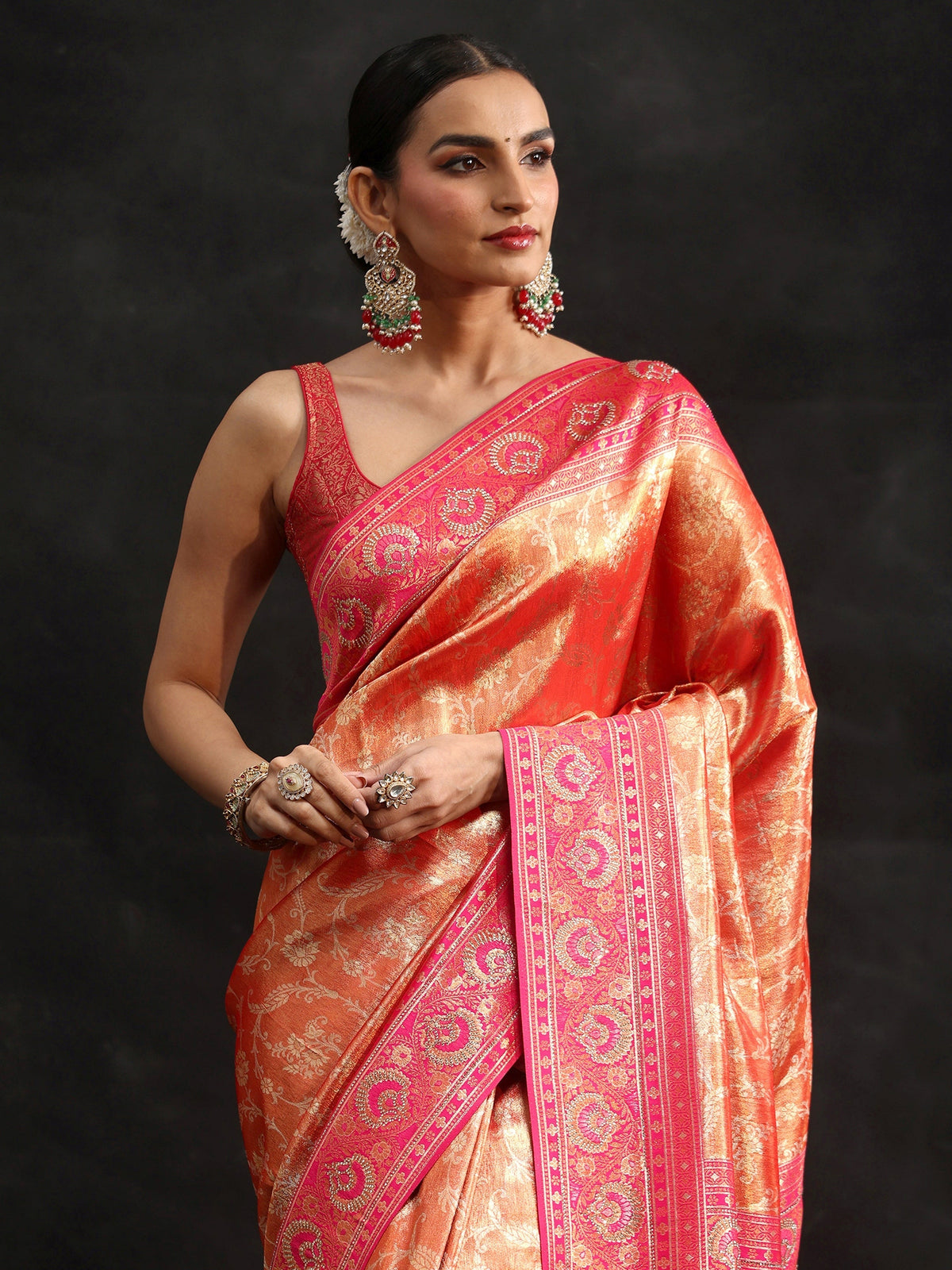 Orange Woven Design Silk Blend Saree with Embellished Border