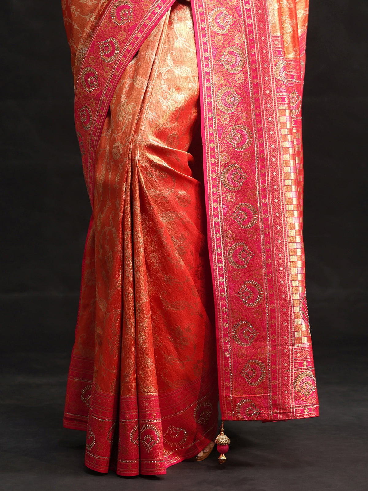Orange Woven Design Silk Blend Saree with Embellished Border