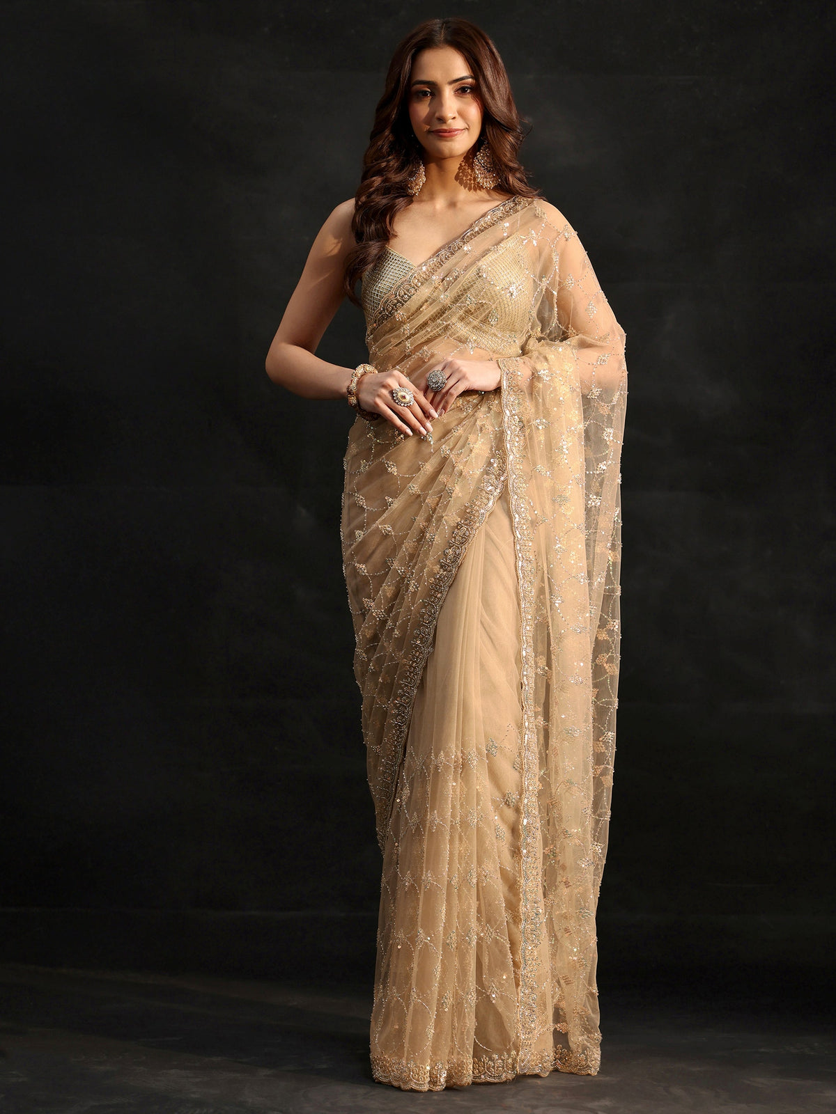 Gold Stone Embellished Net Saree