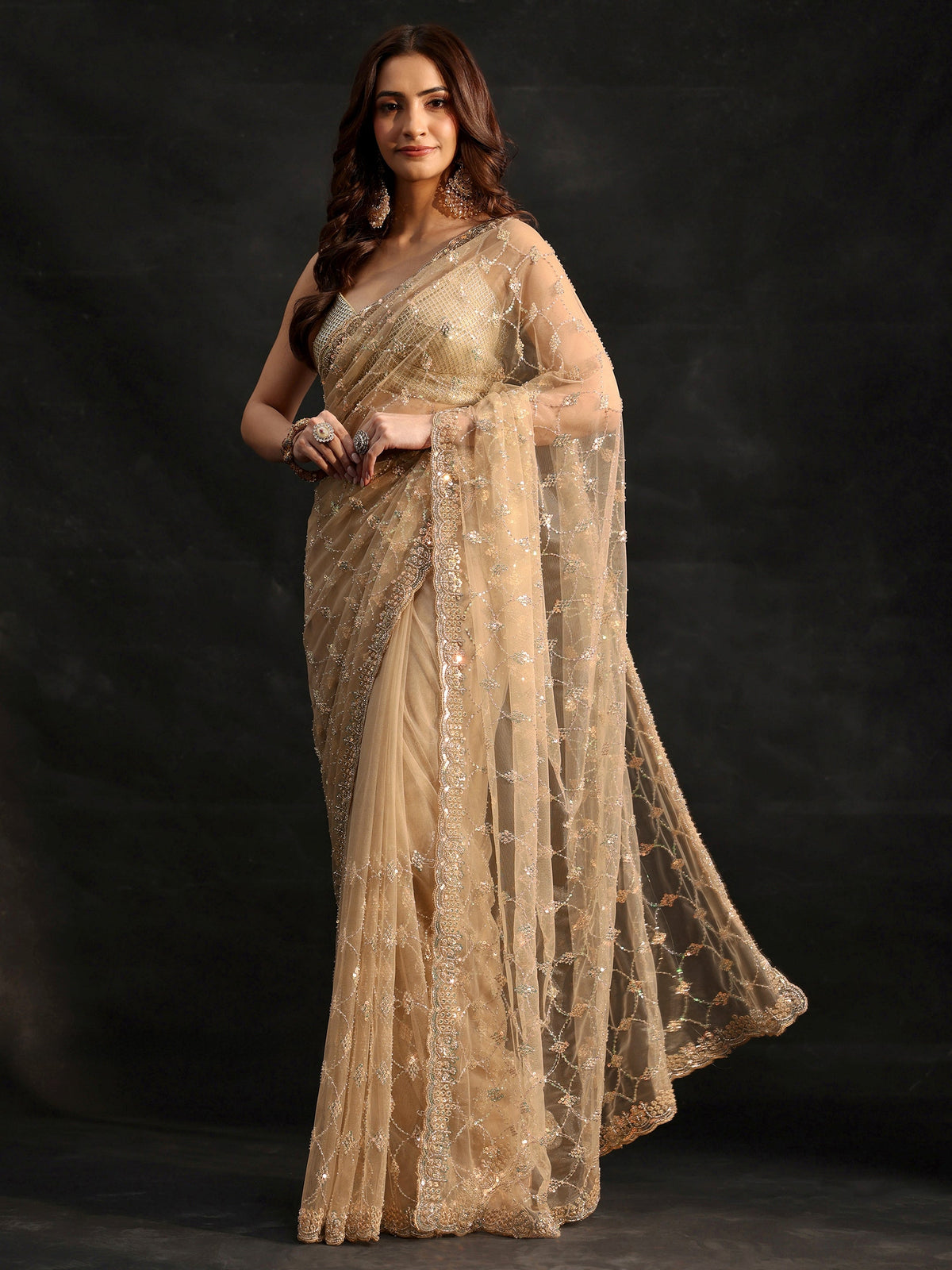 Gold Stone Embellished Net Saree