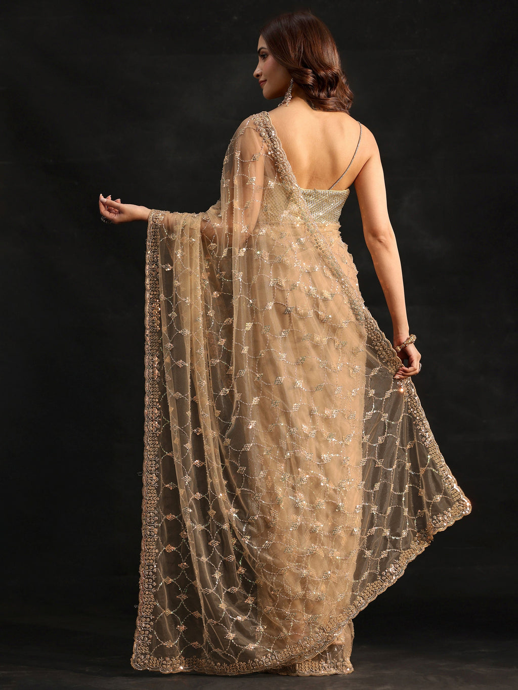 Gold Stone Embellished Net Saree
