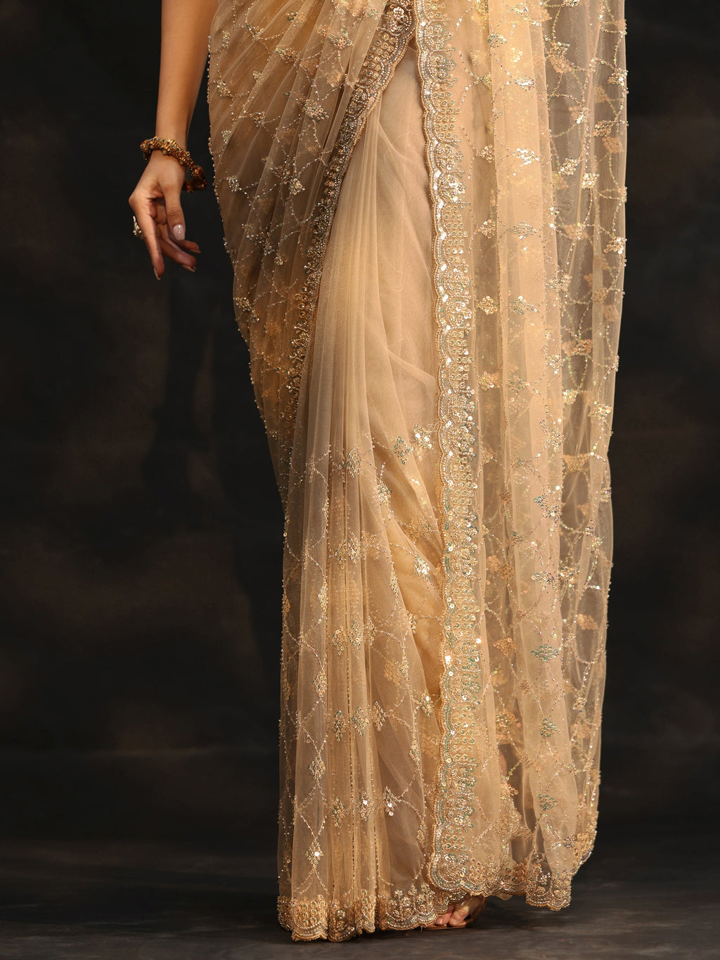 Gold Stone Embellished Net Saree