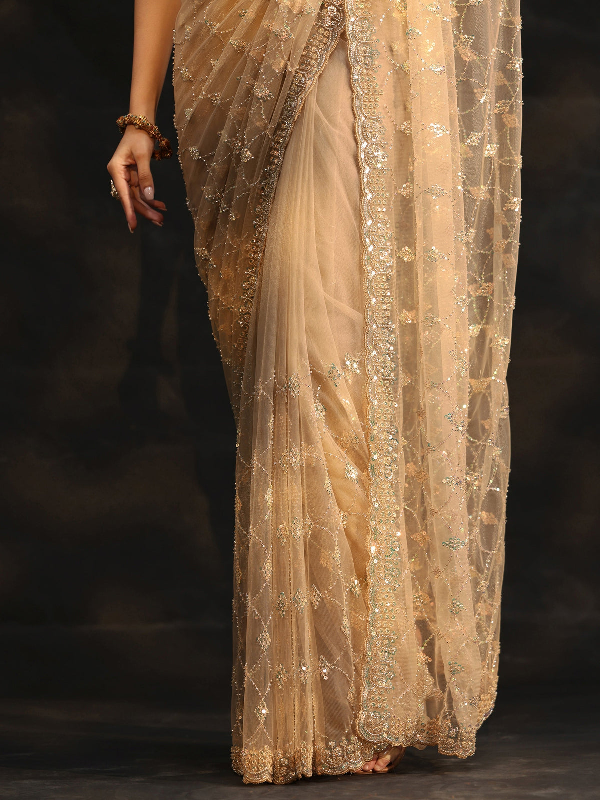Gold Stone Embellished Net Saree