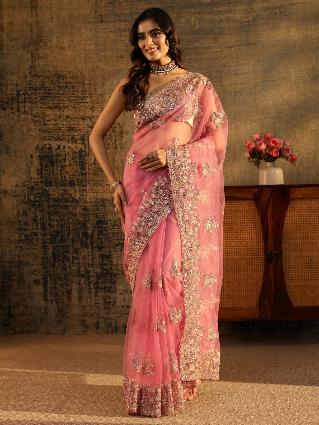 Baby Pink Floral Embroidered Net Saree