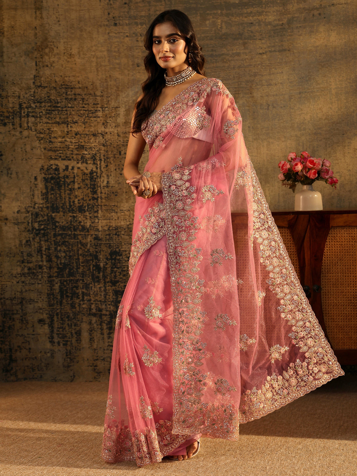 Baby Pink Floral Embroidered Net Saree