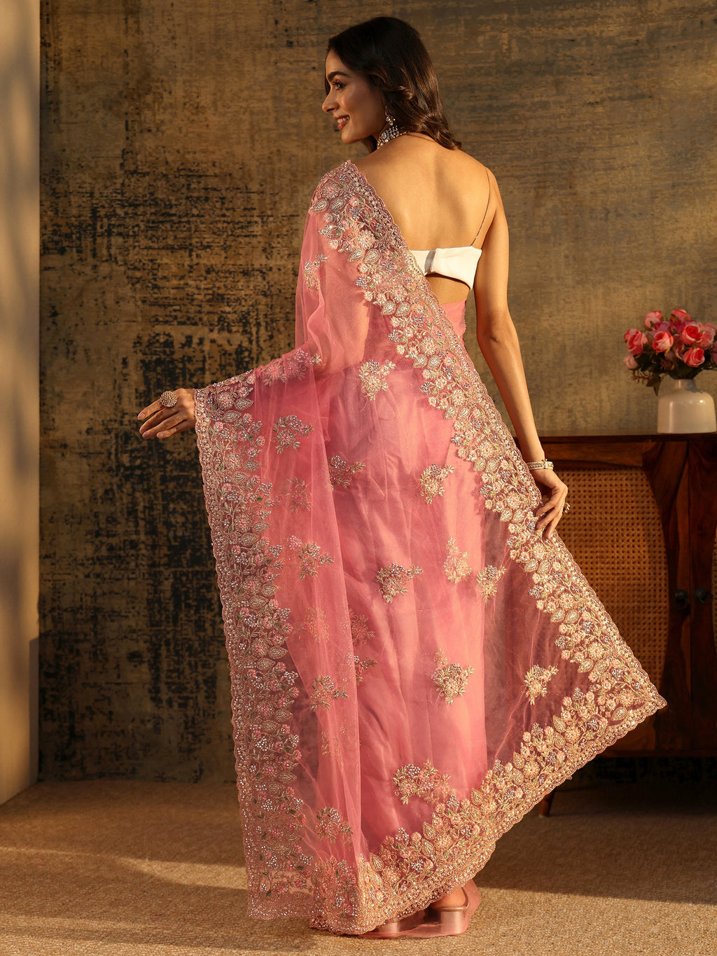 Baby Pink Floral Embroidered Net Saree