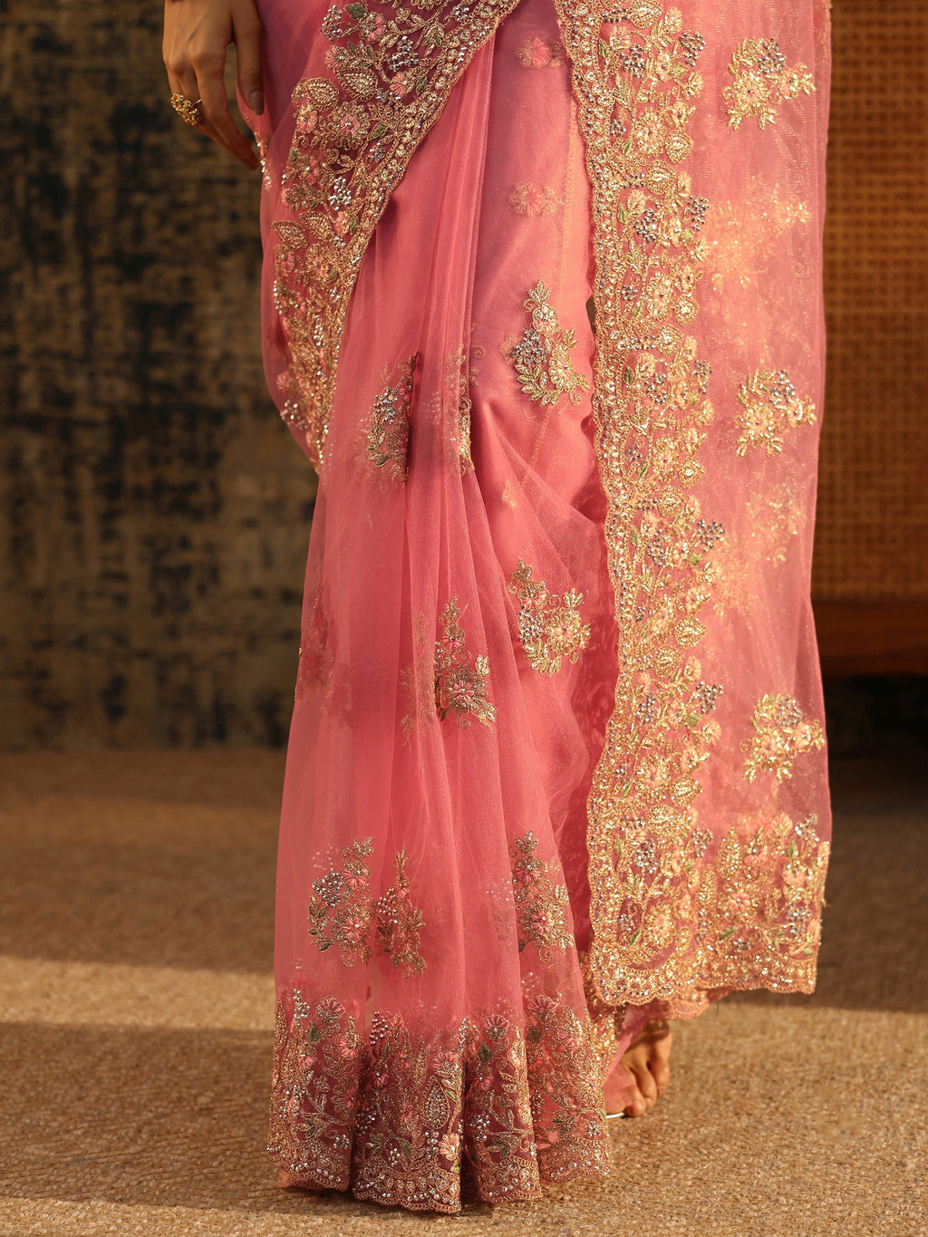 Baby Pink Floral Embroidered Net Saree