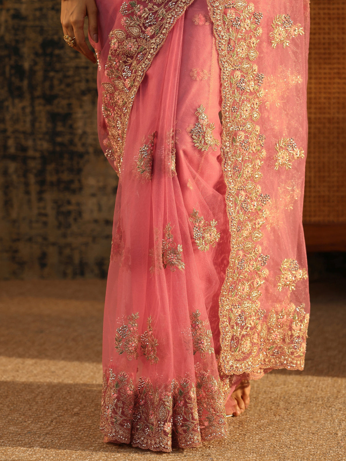 Baby Pink Floral Embroidered Net Saree