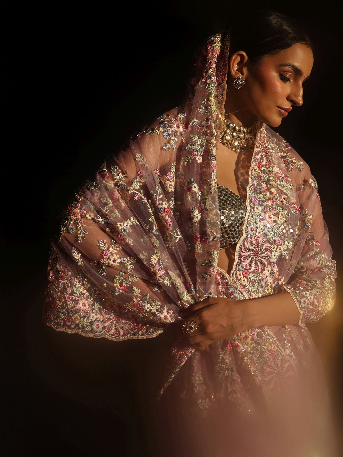 Lavender Floral Embroidered Net Saree