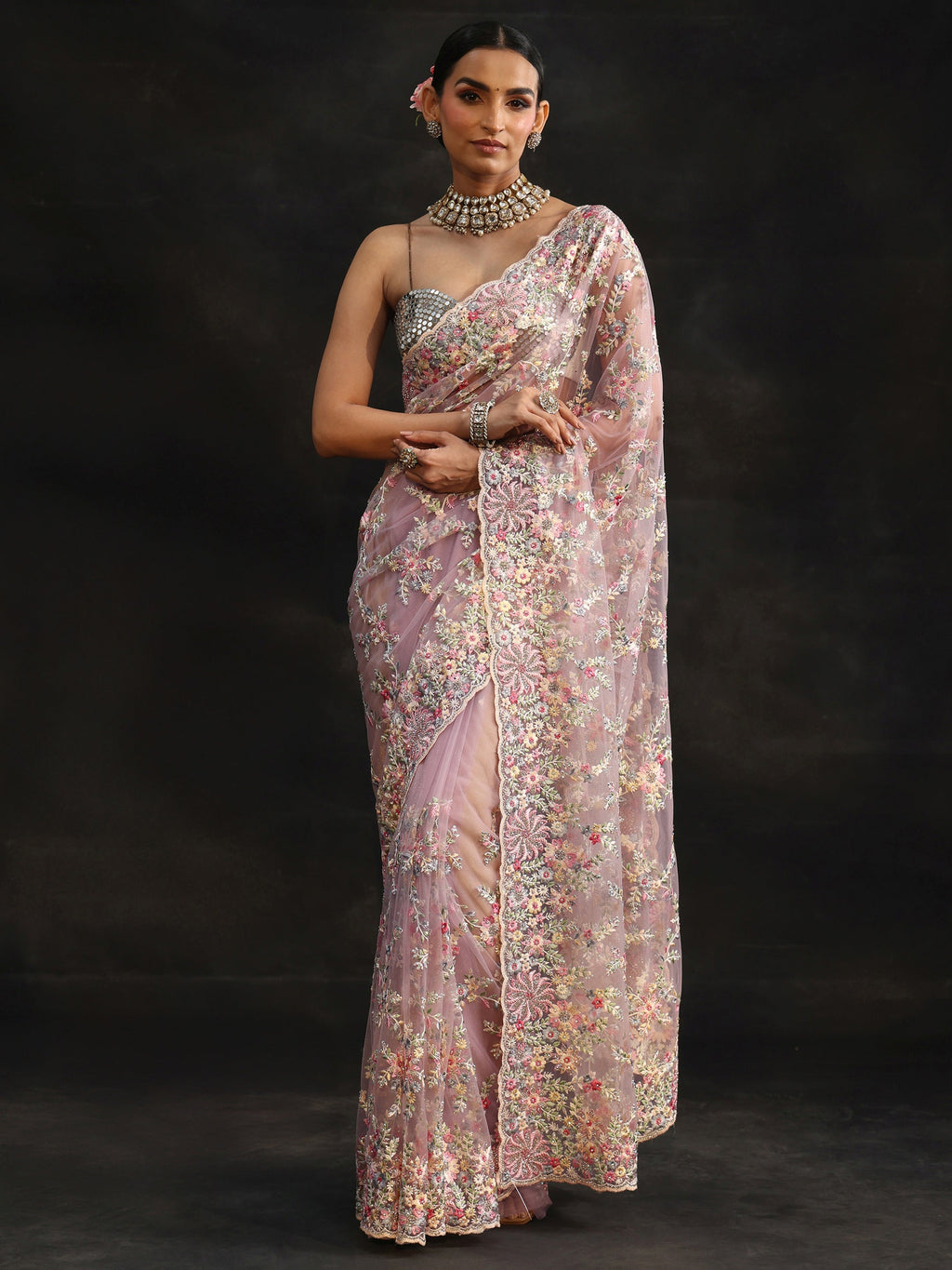 Lavender Floral Embroidered Net Saree