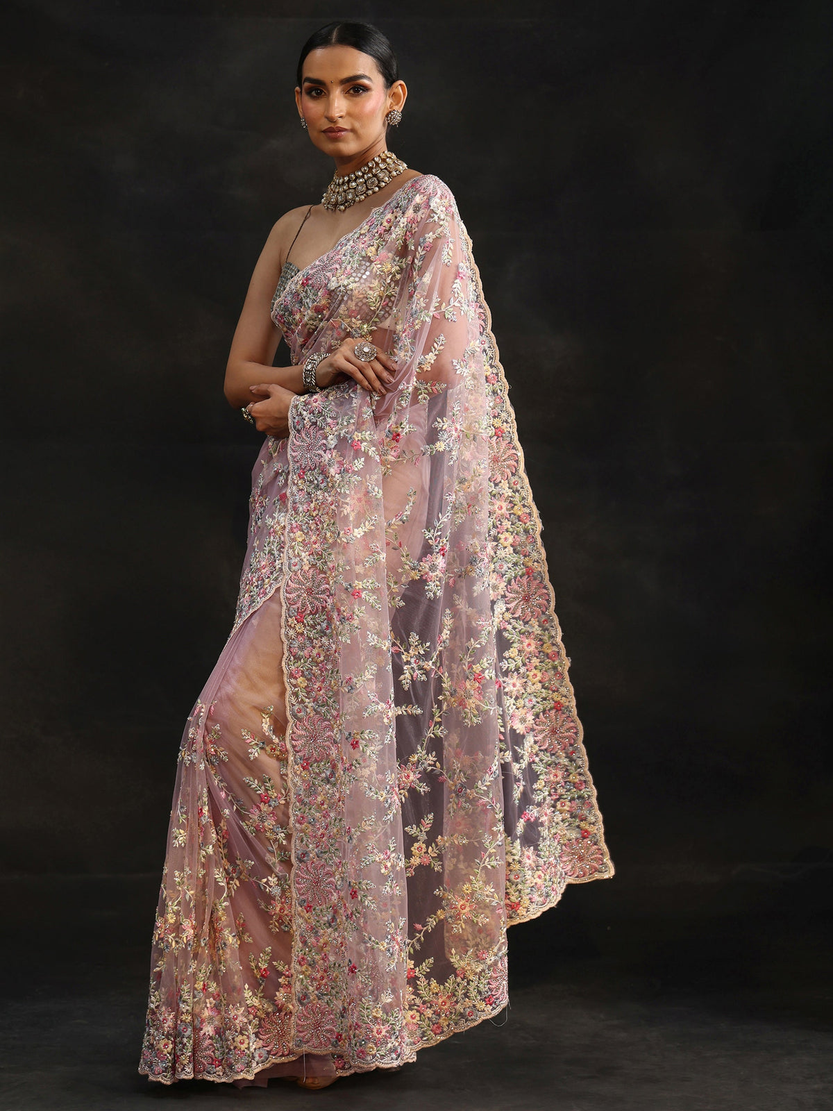 Lavender Floral Embroidered Net Saree