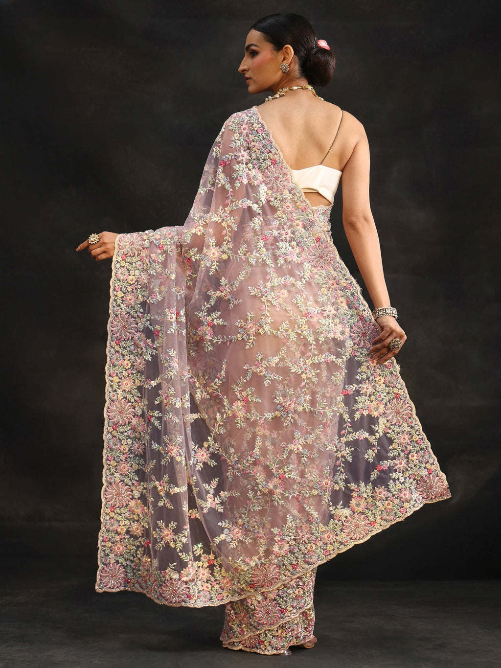 Lavender Floral Embroidered Net Saree