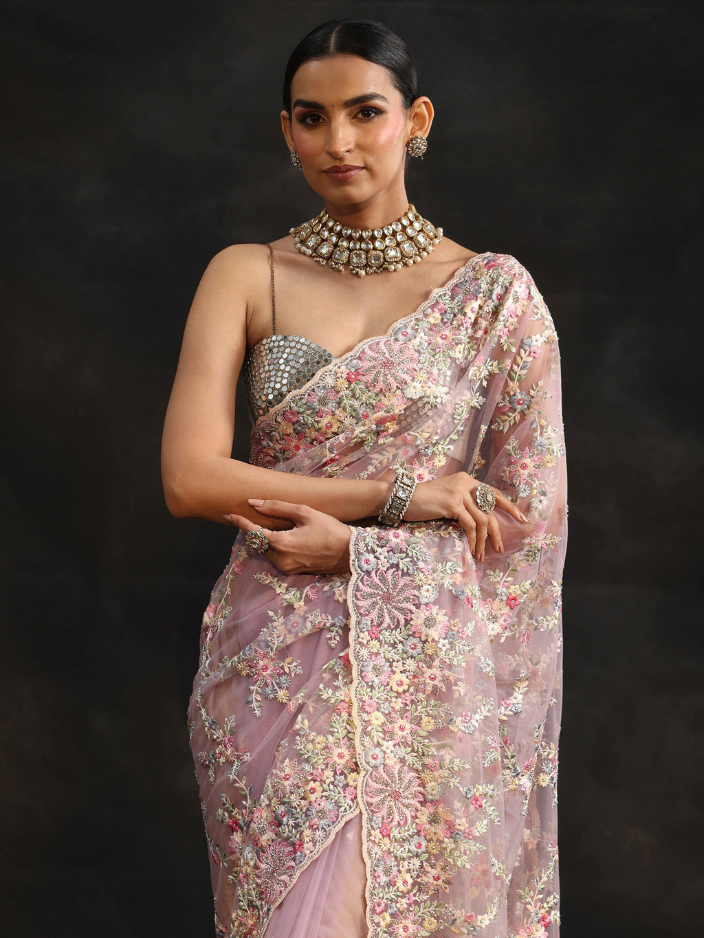 Lavender Floral Embroidered Net Saree