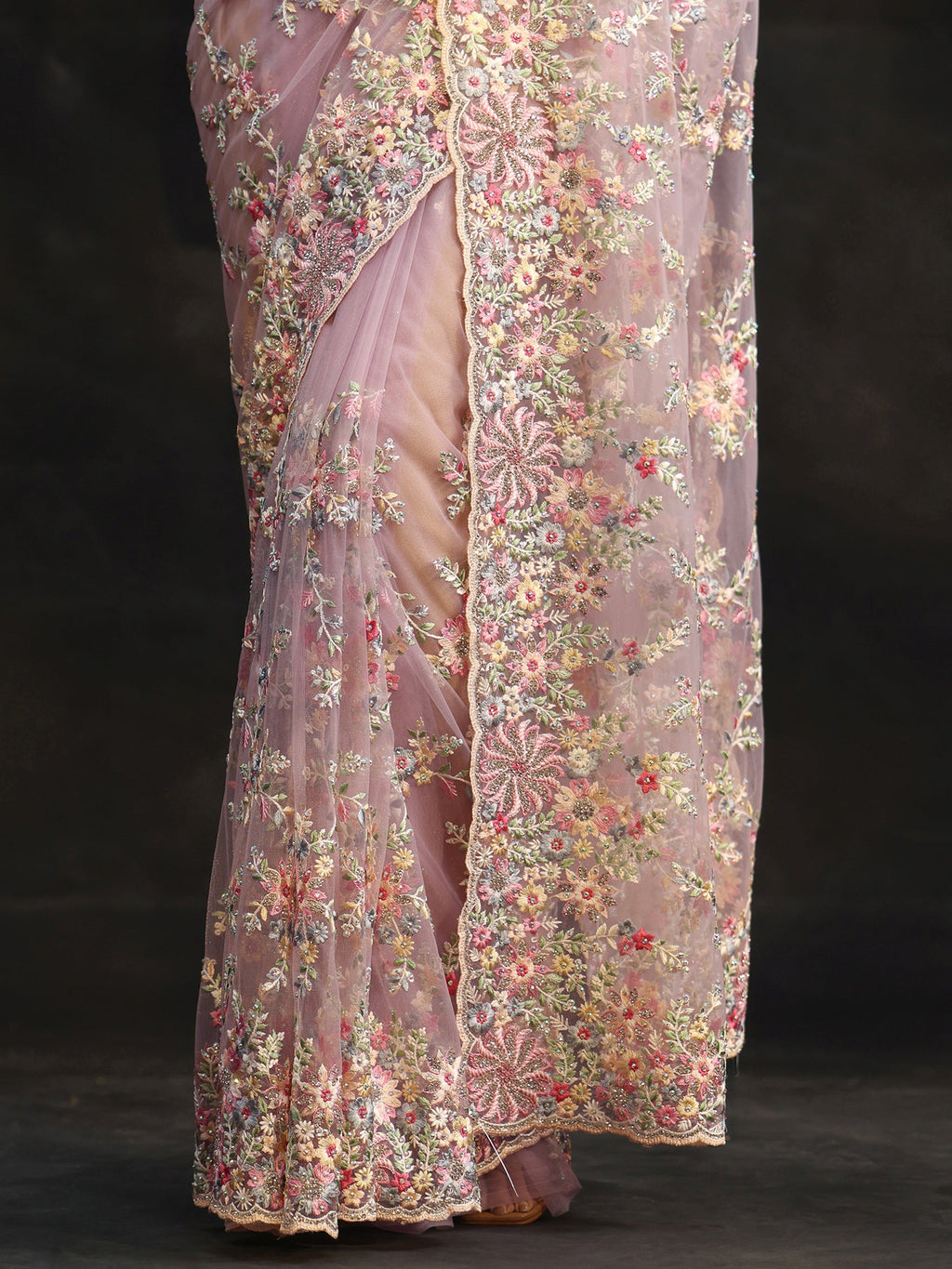 Lavender Floral Embroidered Net Saree