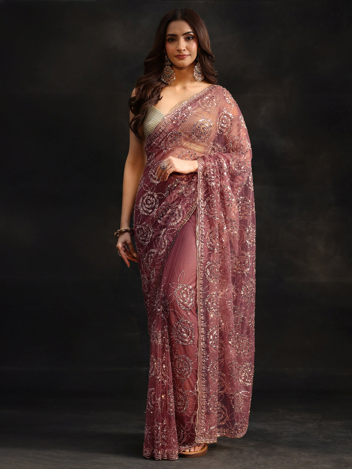 Art Mauve Sequinned Rosette Design Net Saree