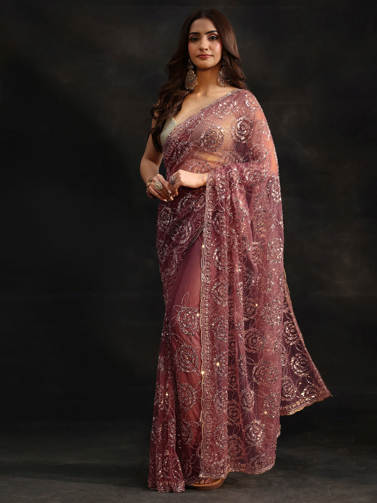Art Mauve Sequinned Rosette Design Net Saree