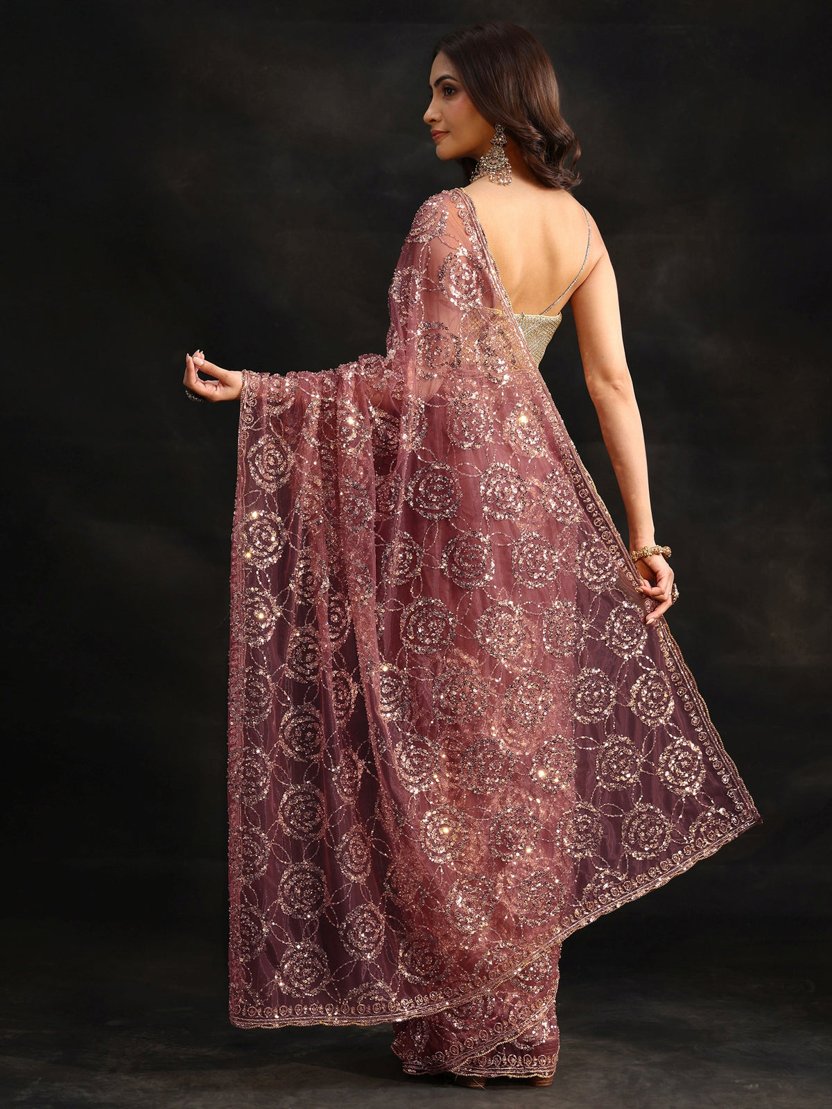 Art Mauve Sequinned Rosette Design Net Saree