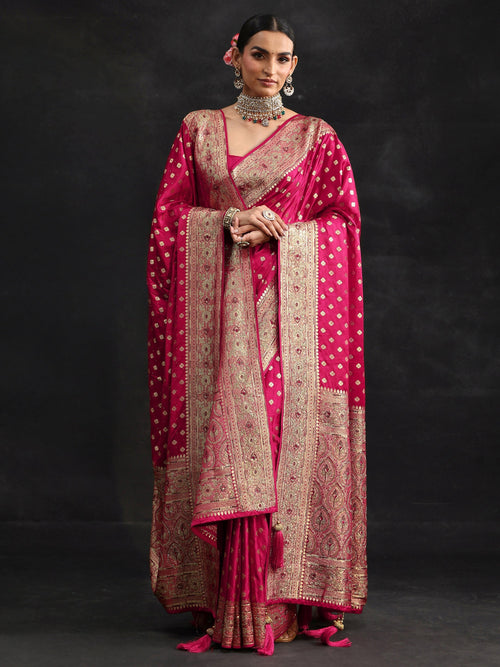 Art Rose Pink Embellished Banarasi Silk Blend Saree with Dupatta
