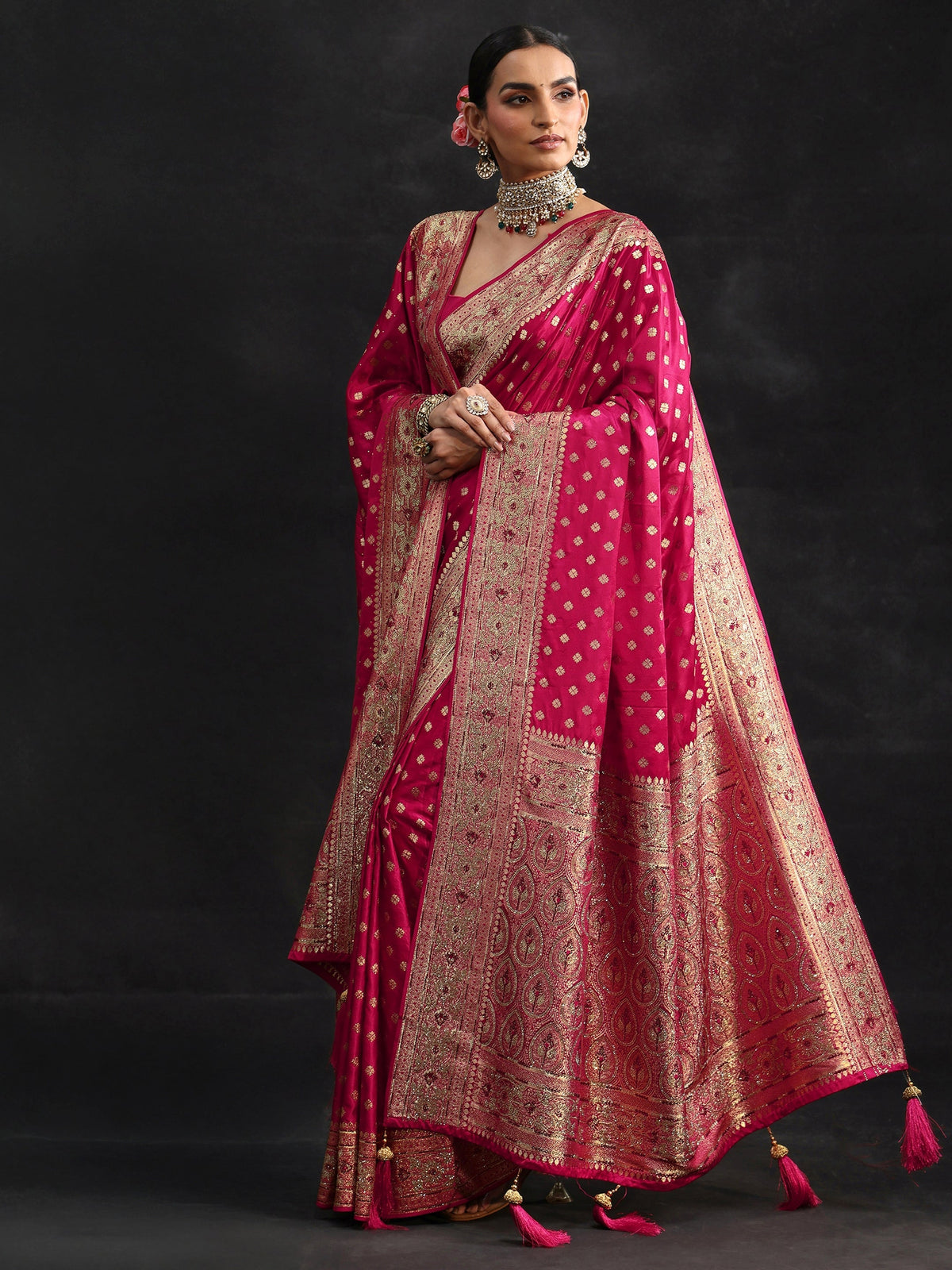 Art Rose Pink Embellished Banarasi Silk Blend Saree with Dupatta
