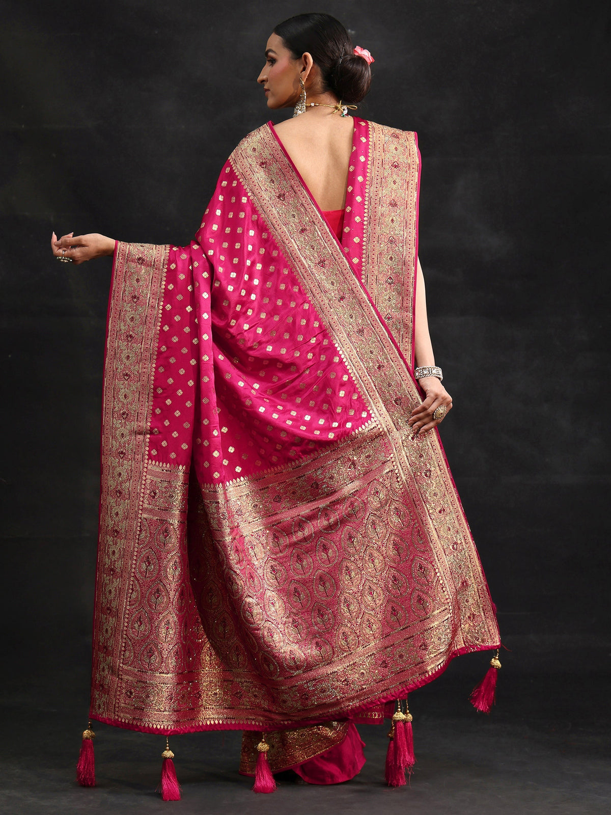 Art Rose Pink Embellished Banarasi Silk Blend Saree with Dupatta