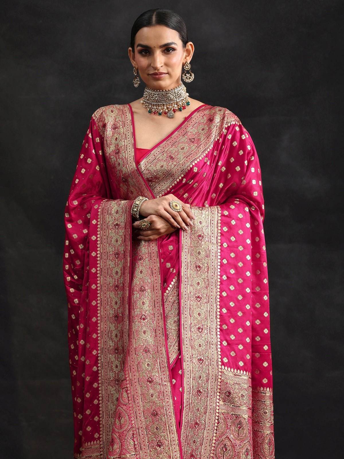 Art Rose Pink Embellished Banarasi Silk Blend Saree with Dupatta