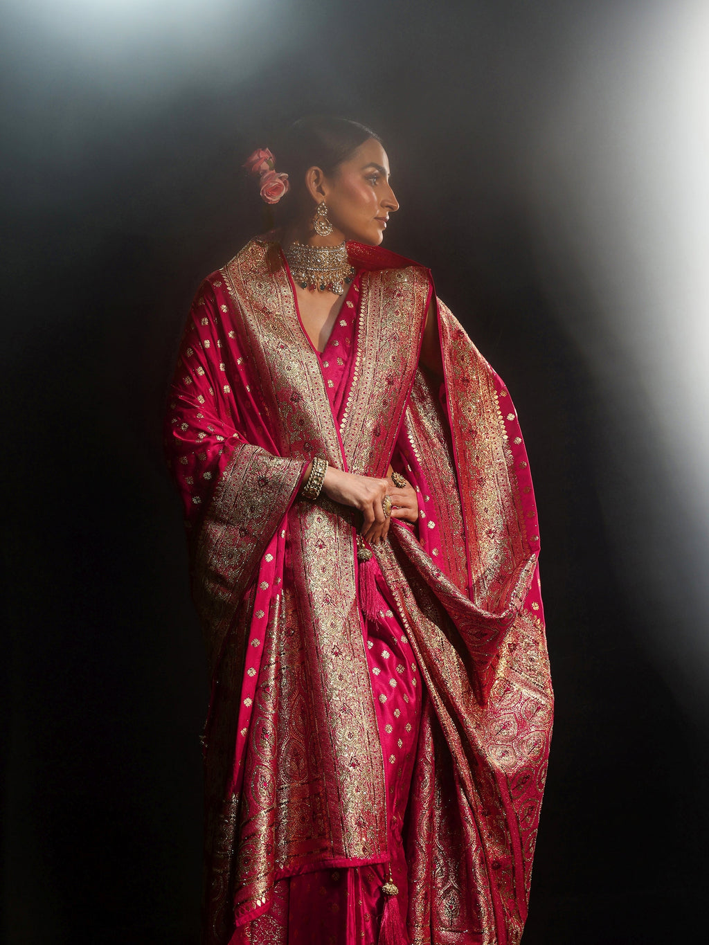 Art Rose Pink Embellished Banarasi Silk Blend Saree with Dupatta