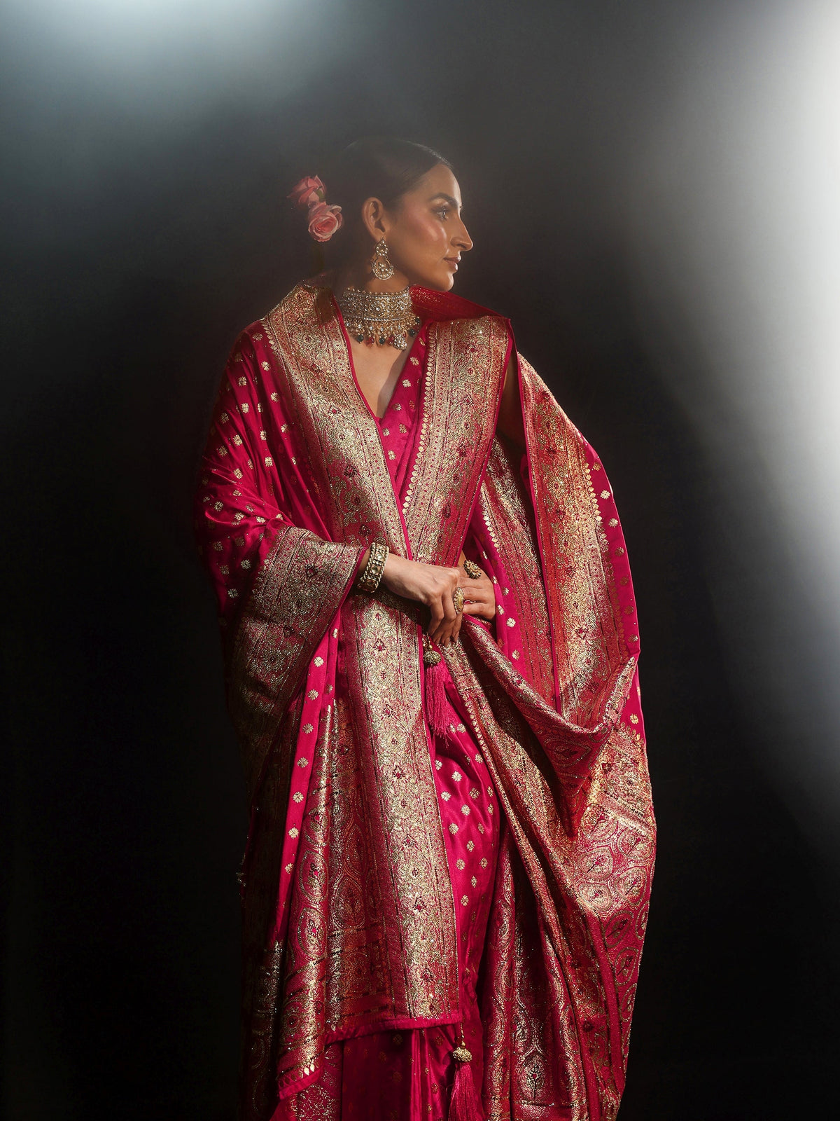 Art Rose Pink Embellished Banarasi Silk Blend Saree with Dupatta