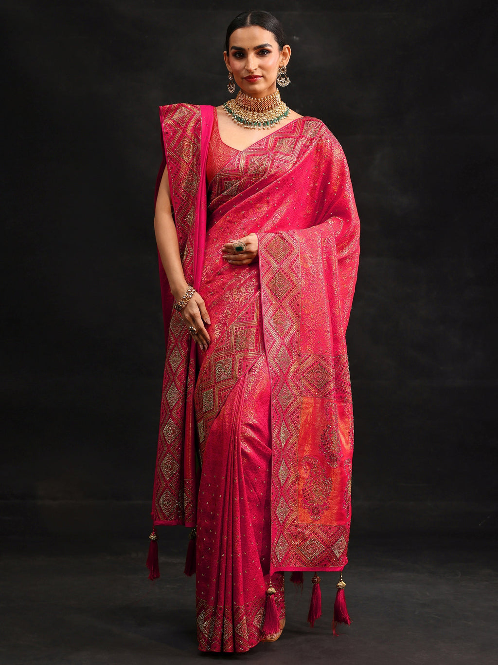 Art Hot Pink Embellished Banarasi Silk Blend Saree with Dupatta