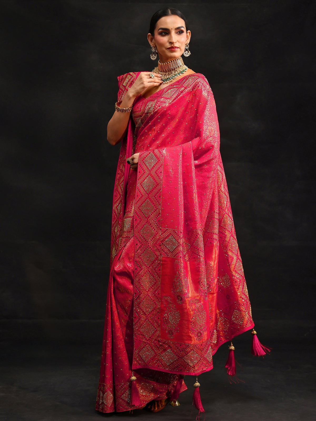 Art Hot Pink Embellished Banarasi Silk Blend Saree with Dupatta