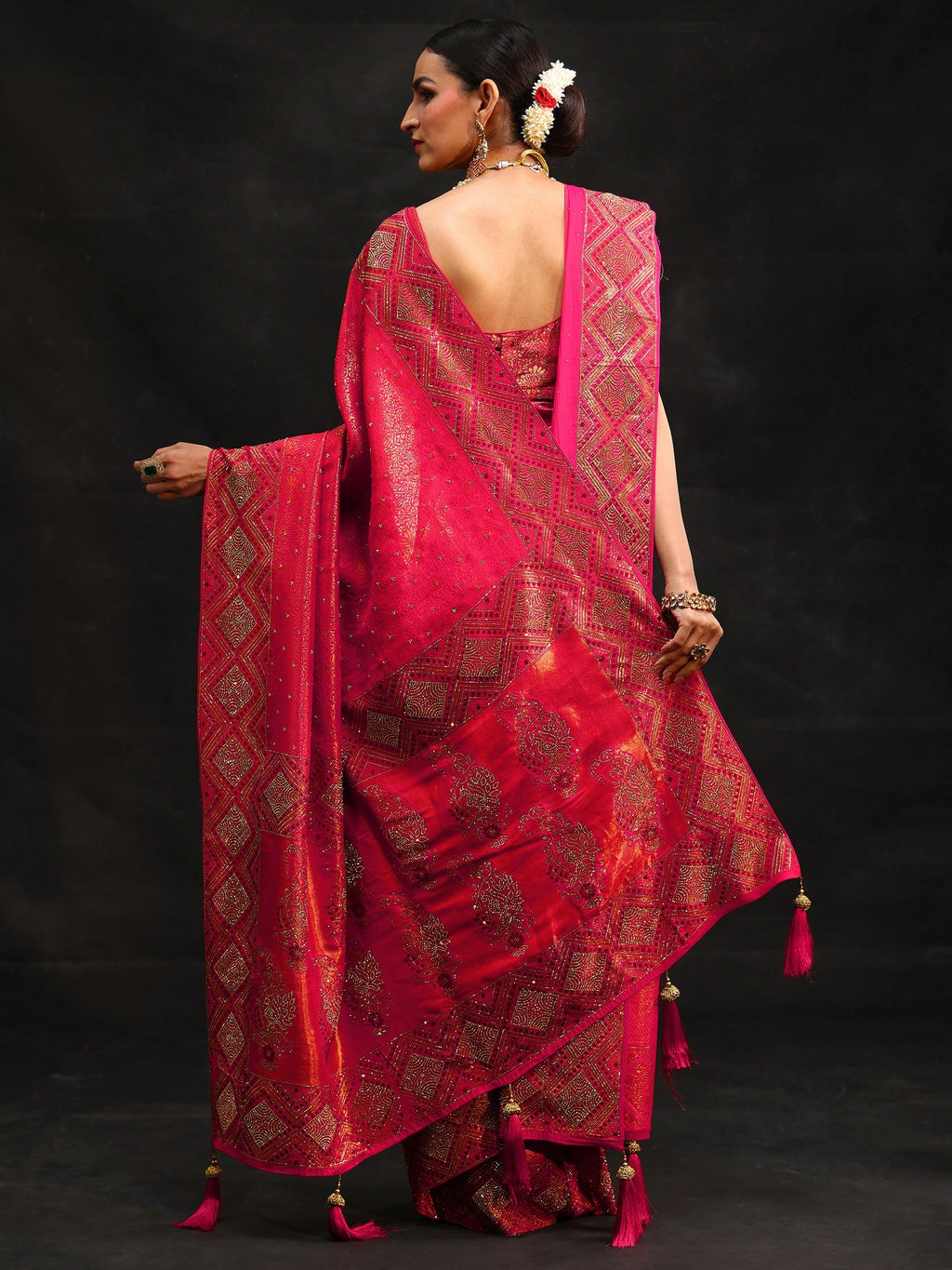 Art Hot Pink Embellished Banarasi Silk Blend Saree with Dupatta