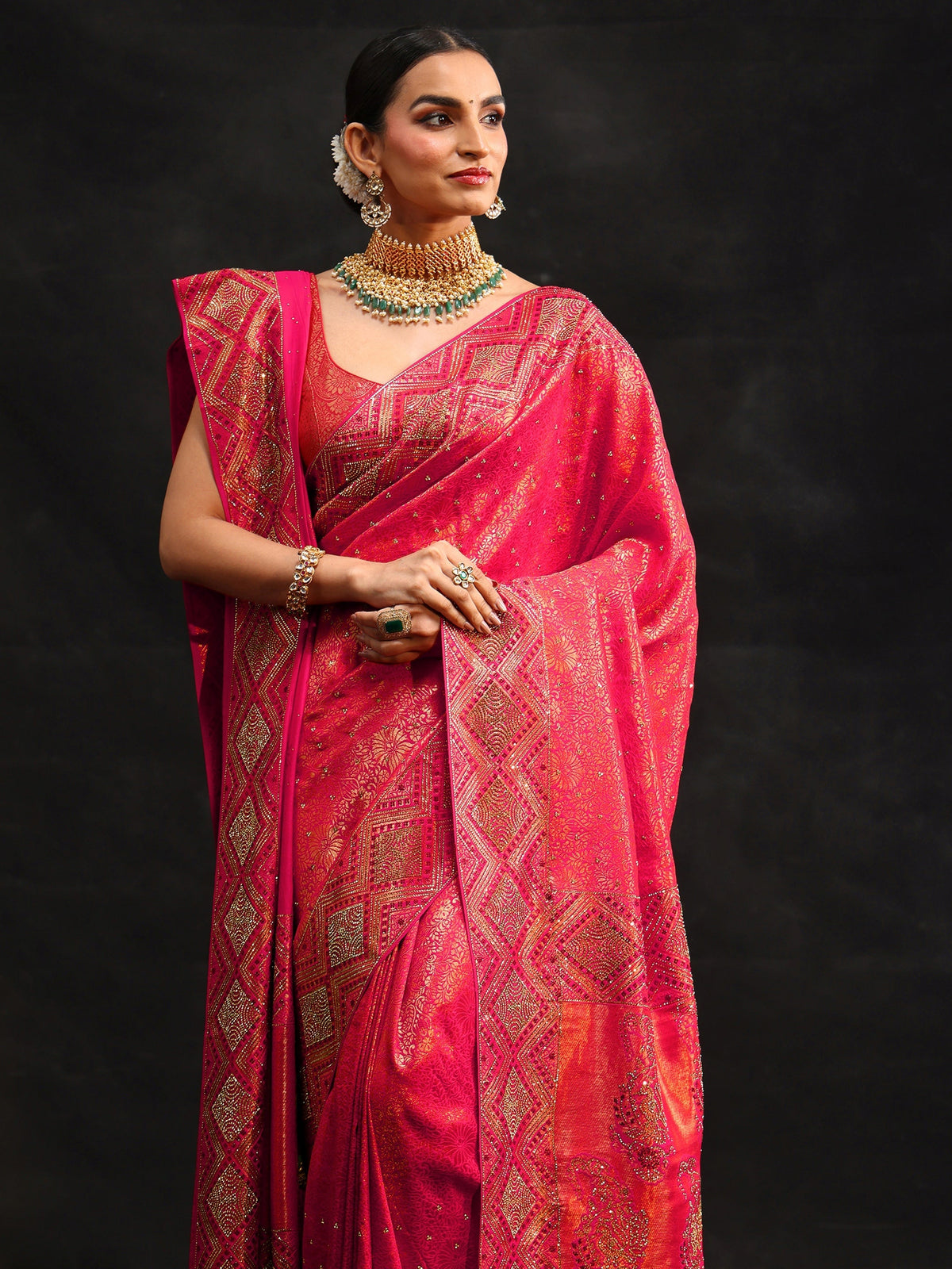 Art Hot Pink Embellished Banarasi Silk Blend Saree with Dupatta