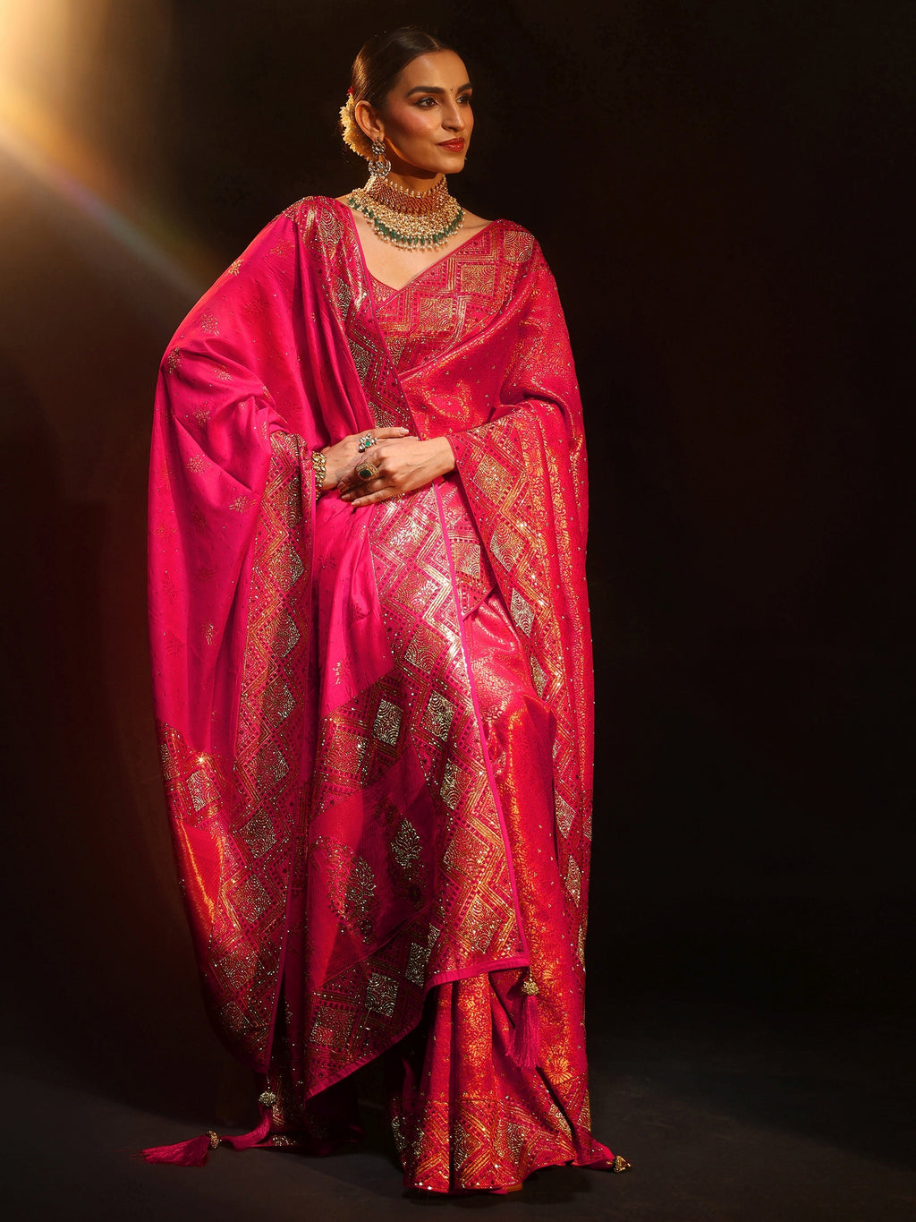 Art Hot Pink Embellished Banarasi Silk Blend Saree with Dupatta