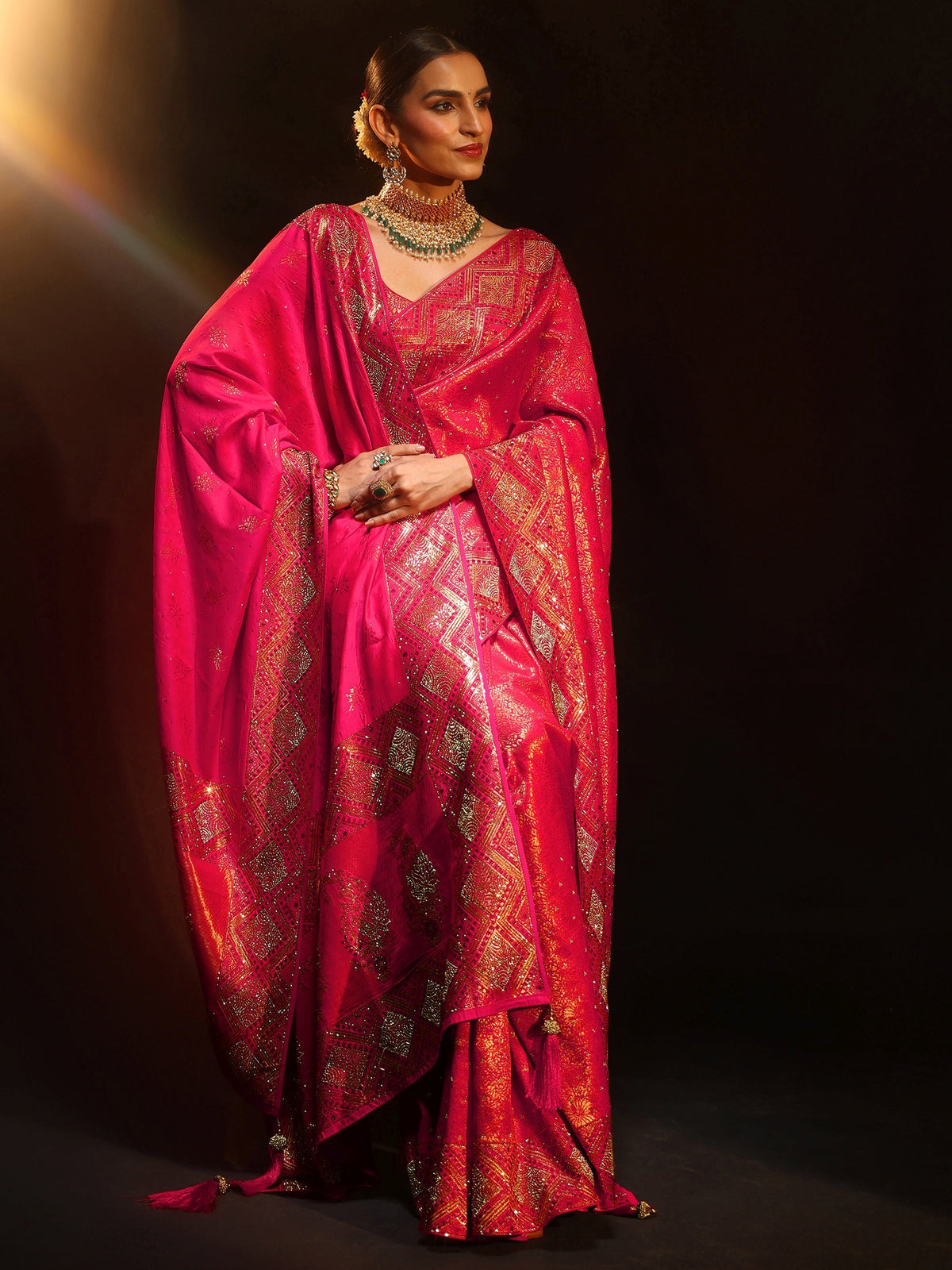 Art Hot Pink Embellished Banarasi Silk Blend Saree with Dupatta