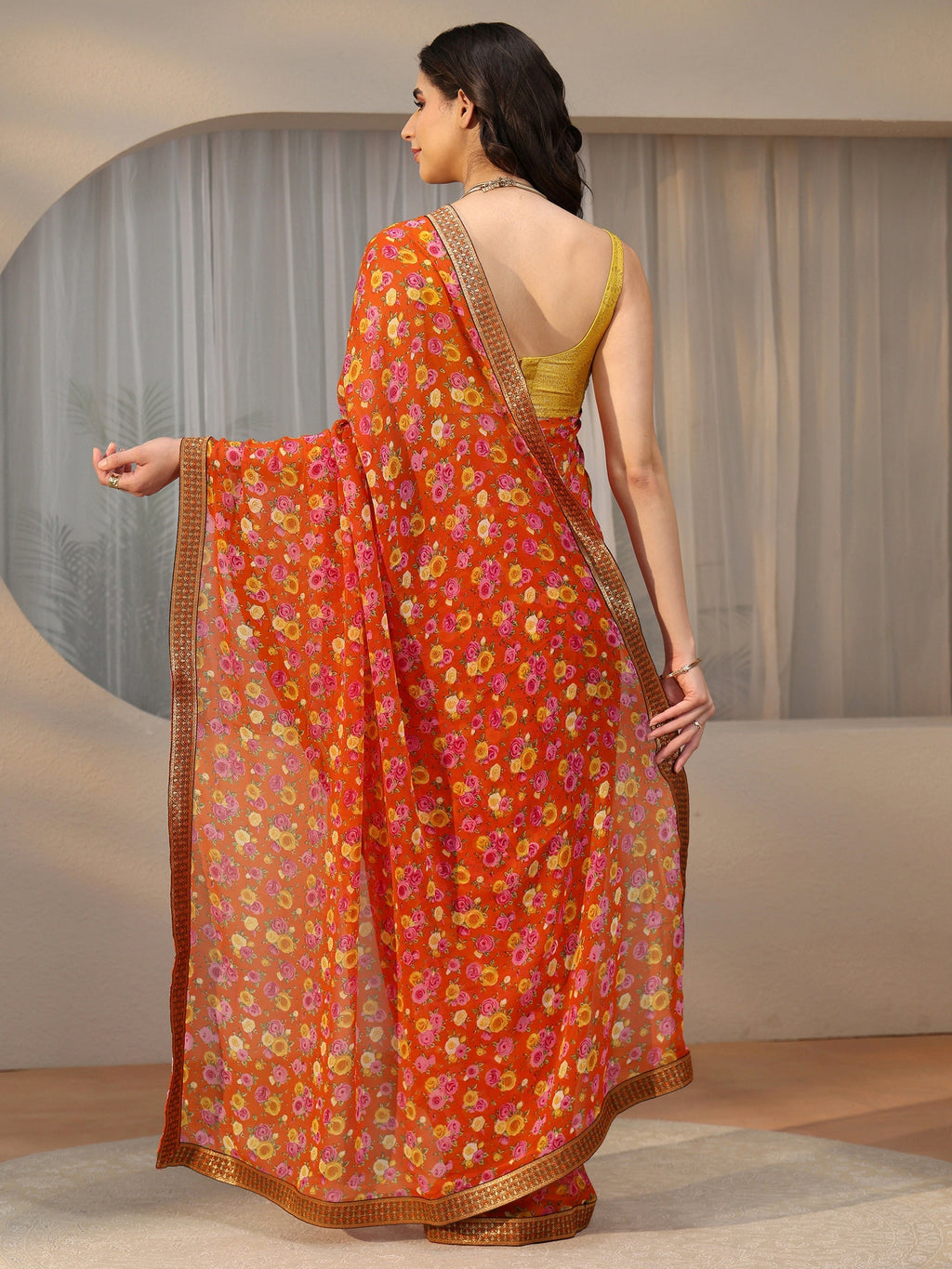 Orange Floral Printed Georgette Saree