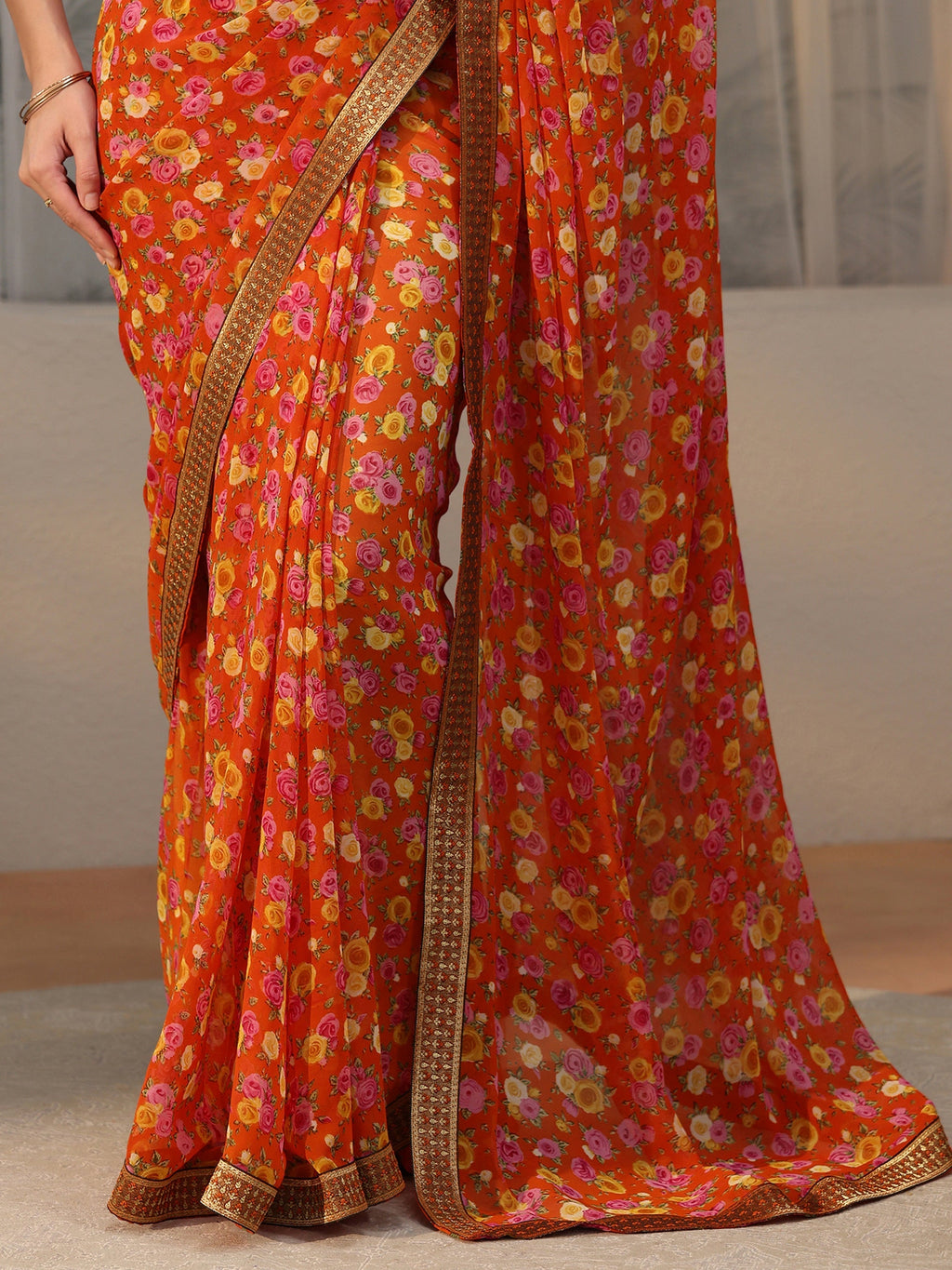 Orange Floral Printed Georgette Saree