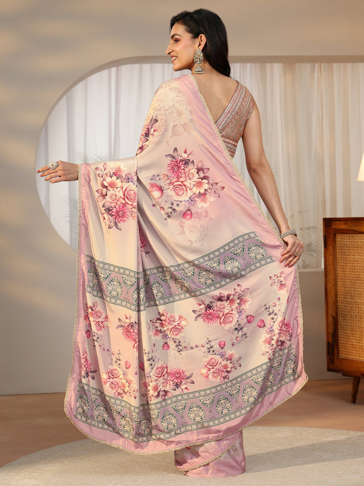 Light Taupe Floral Printed Satin Saree