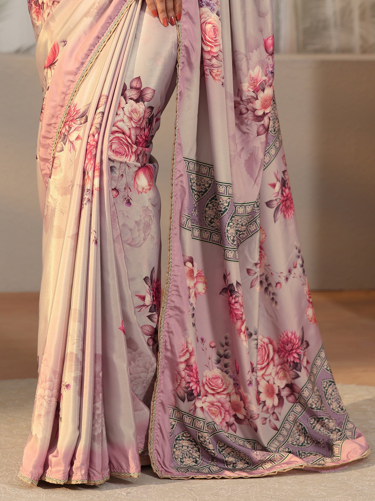 Light Taupe Floral Printed Satin Saree