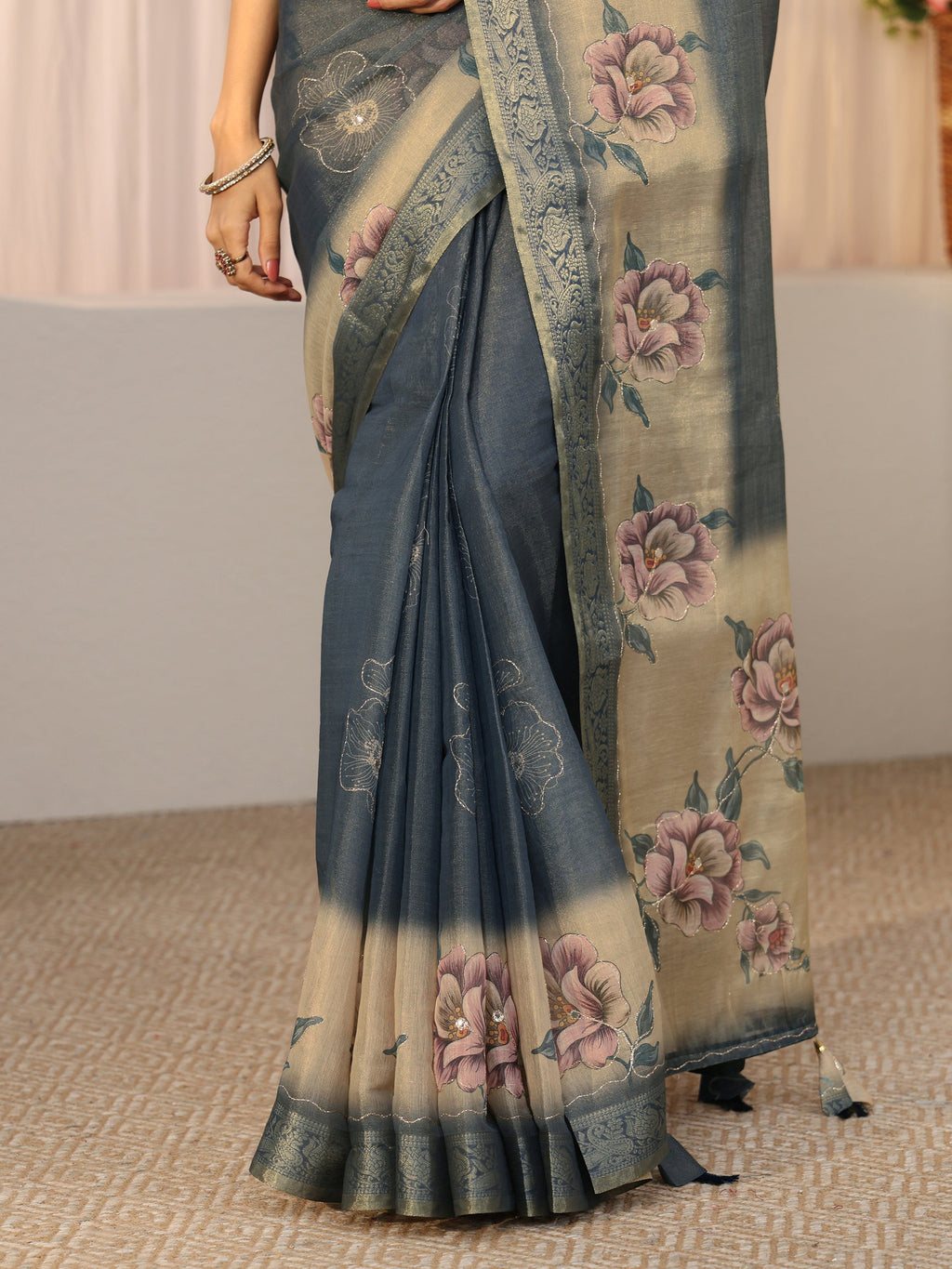 Dusty Blue Floral Printed Silk Blend Ombre Saree with Woven Border