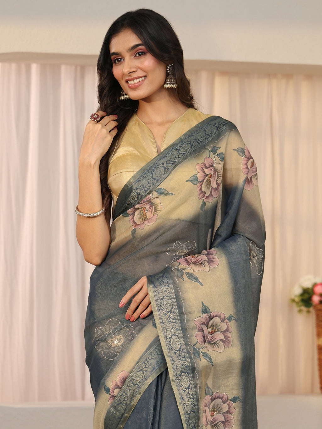 Dusty Blue Floral Printed Silk Blend Ombre Saree with Woven Border