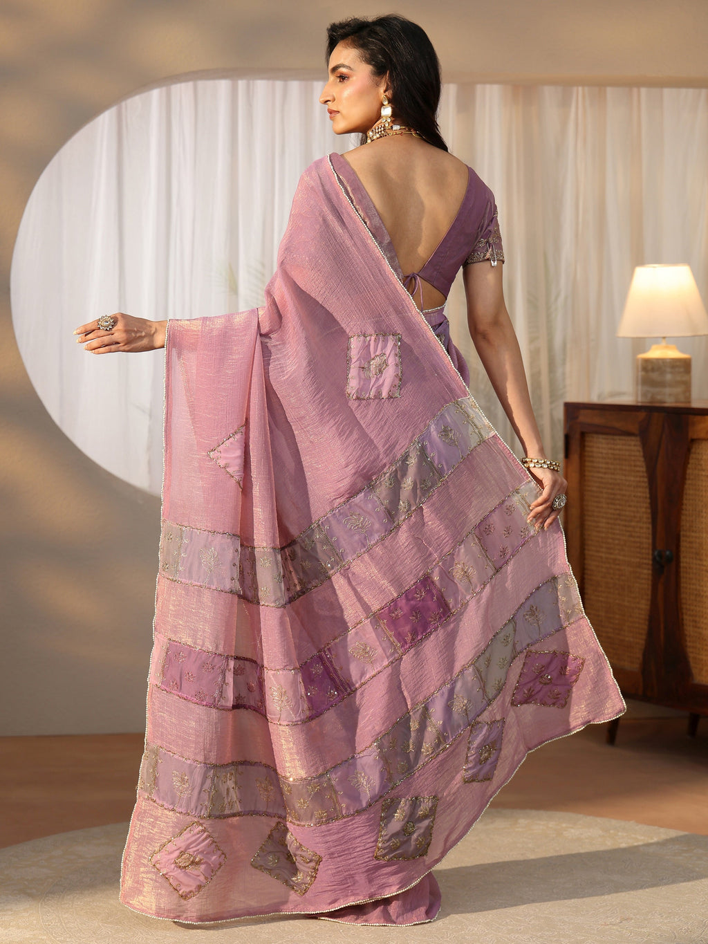 Lilac Applique Design Tissue Saree