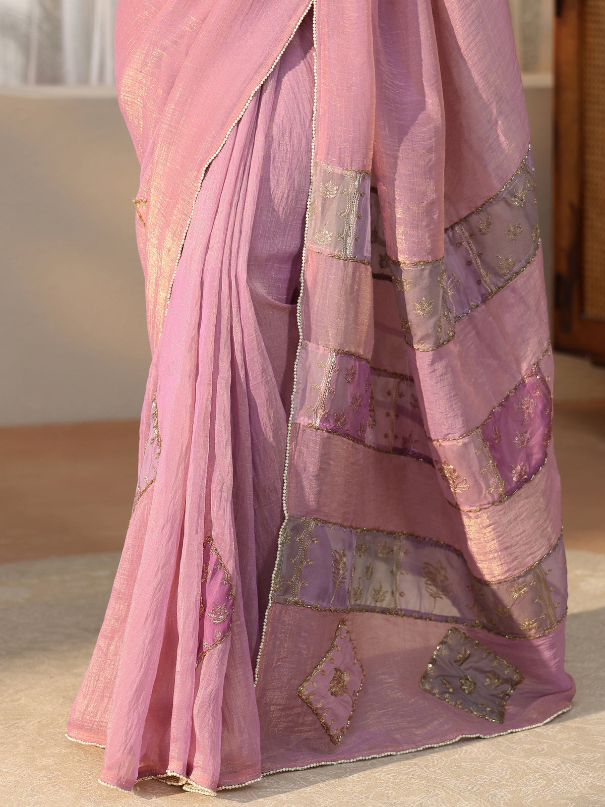 Lilac Applique Design Tissue Saree