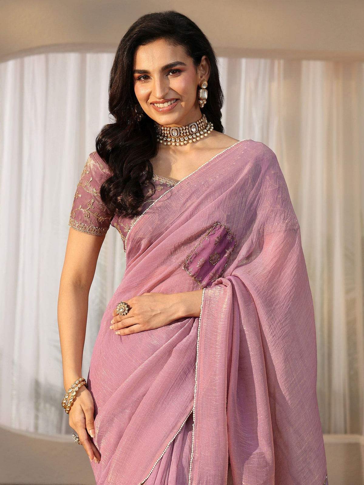 Lilac Applique Design Tissue Saree