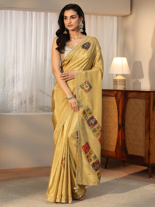Antique Yellow Satin Saree with Applique Design
